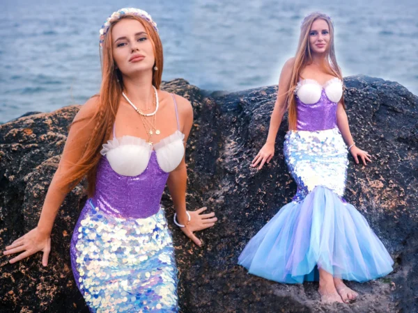 Mermaid Tail Costume Set for Adults and Teens-For Halloween, Cosplay and Themed Parties - Sparkling Fish Tail Skirt and Top - Image 2