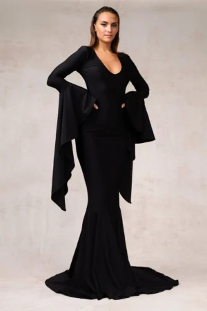 Morticia Puddle Train Gown: Gothic Velvet Long Sleeve Dress