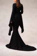 Morticia Puddle Train Gown: Gothic Velvet Long Sleeve Dress