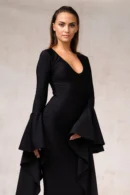 Morticia Puddle Train Gown: Gothic Velvet Long Sleeve Dress