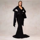 Morticia Puddle Train Gown: Gothic Velvet Long Sleeve Dress