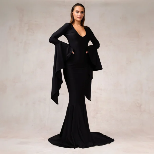 Morticia Puddle Train Gown: Gothic Velvet Long Sleeve Dress - Image 4