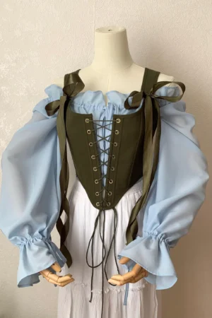 Reversible Botanical Floral beige overbust corset, green front lacing corset, Renaissance stays, Cosplay costume, Cottagecore corset bodice