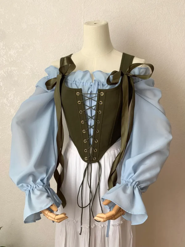 Reversible Botanical Floral beige overbust corset, green front lacing corset, Renaissance stays, Cosplay costume, Cottagecore corset bodice