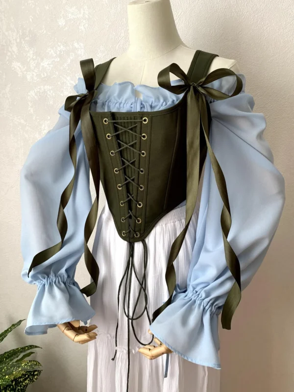 Reversible Botanical Floral beige overbust corset, green front lacing corset, Renaissance stays, Cosplay costume, Cottagecore corset bodice - Image 2